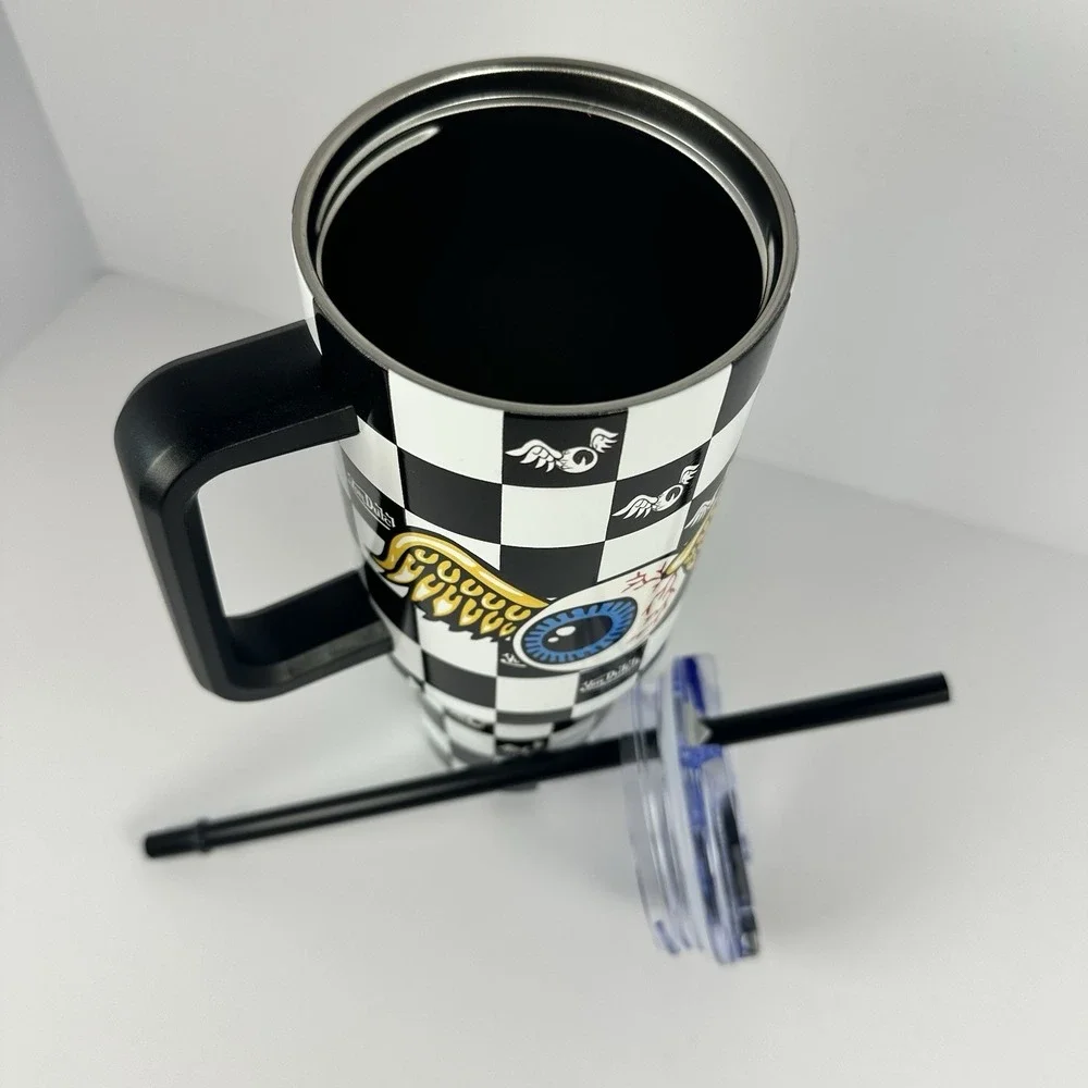 Von Dutch Checker Eyeball Wings 40 oz Tumbler With Handle Straw NWT